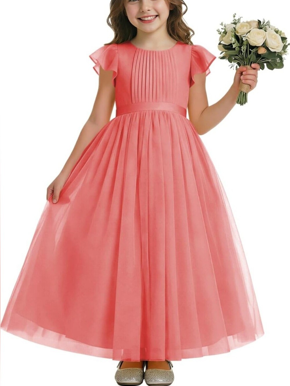 Girls Pink A-Line Long Tulle Dress Short Sleeves Pleated Bodice Size 7. Wedding